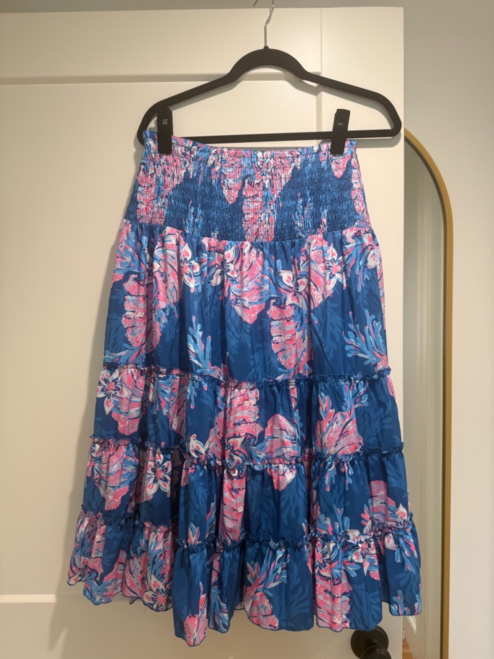 Lilly Pulitzer Blue and Pink Floral Tiered A-Line Skirt